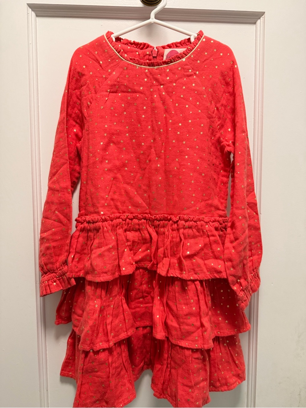 Mini Boden Red Tiered Ruffle Dress with Gold Stars Detail